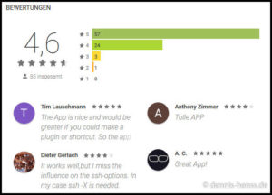 Bisher noch wenige aber dafür fast ausschließlich gute Bewertungen im Play Store