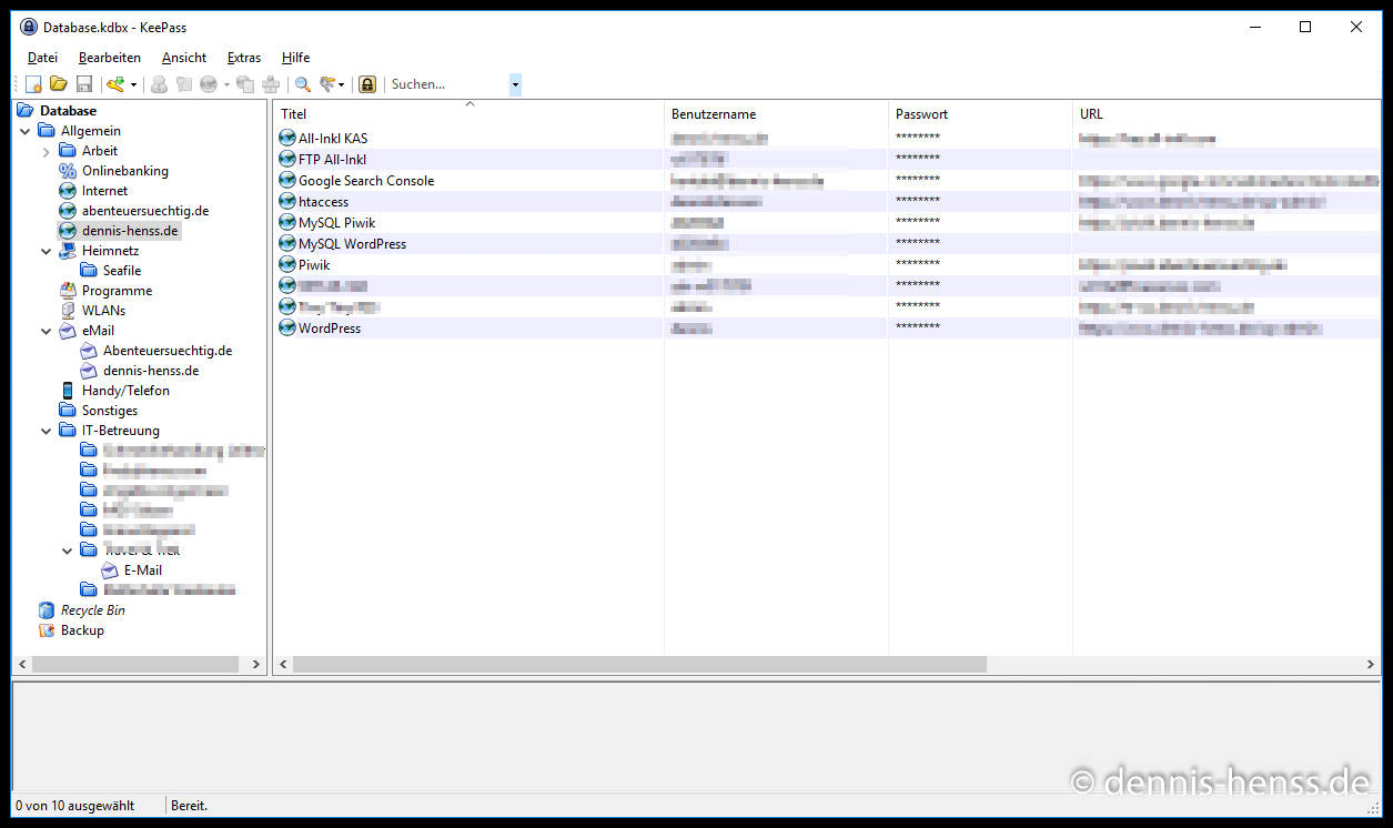 Hier mal ein Blick in meine KeePass-Datenbank.